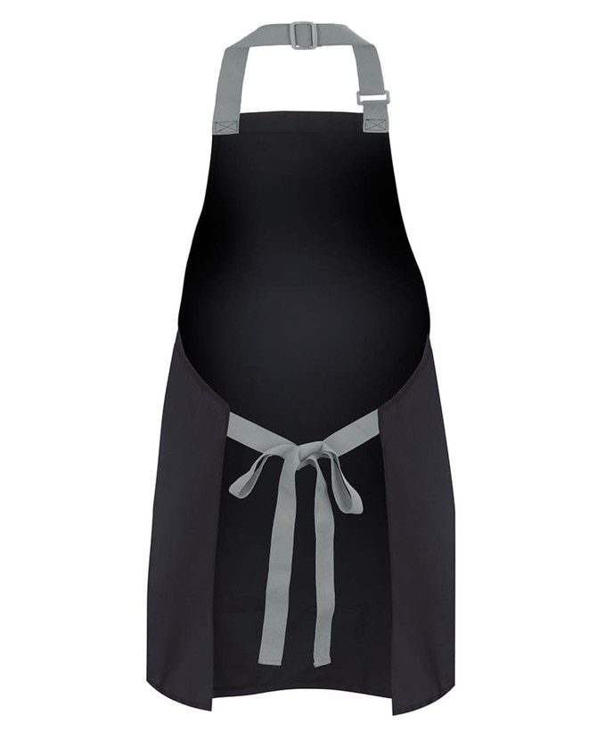 A black apron with grey straps, featuring a tied waist and adjustable neck. Contains a logo.