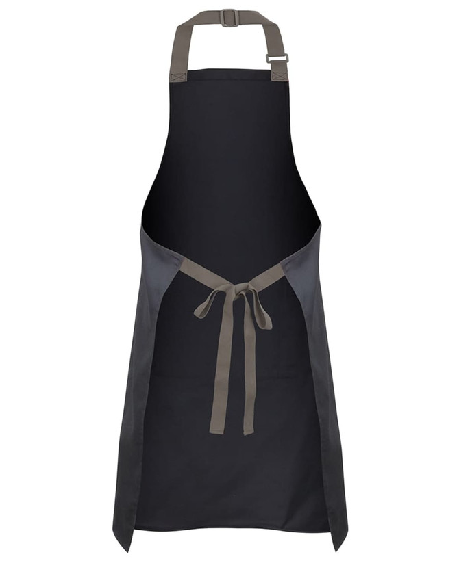 A black apron with colour straps, featuring a waist tie and an adjustable neck strap. It includes a logo.
