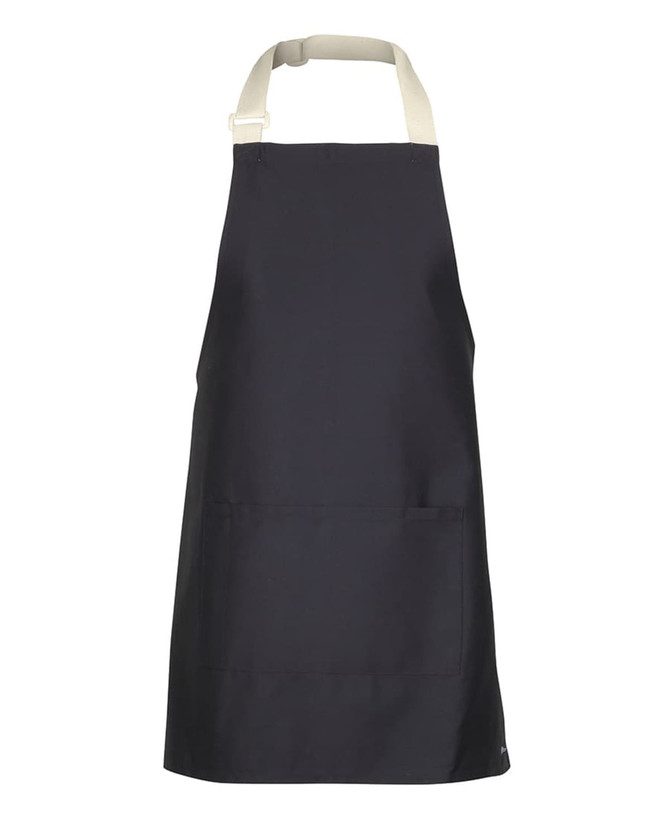 A black apron with colour straps and a front pocket, featuring a logo on the lower side.