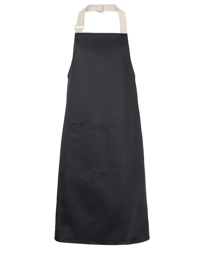A black apron featuring beige straps and a front pocket, with a logo on the front.