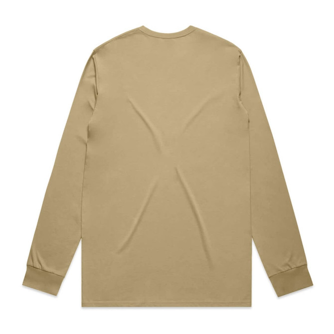 A beige long sleeve t-shirt with a plain back and fitted cuffs, featuring a branding logo.