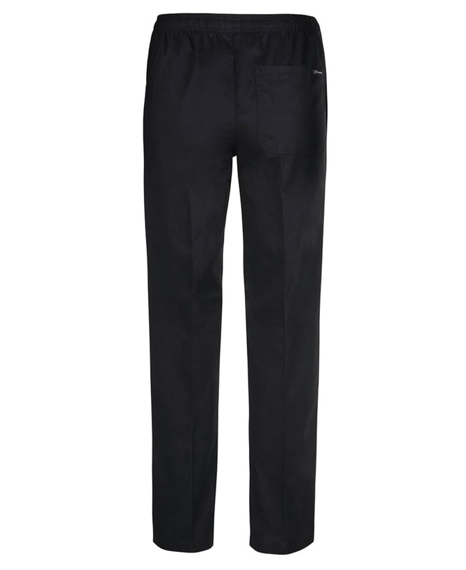 Black elasticated chef pants featuring a single back pocket and a logo.