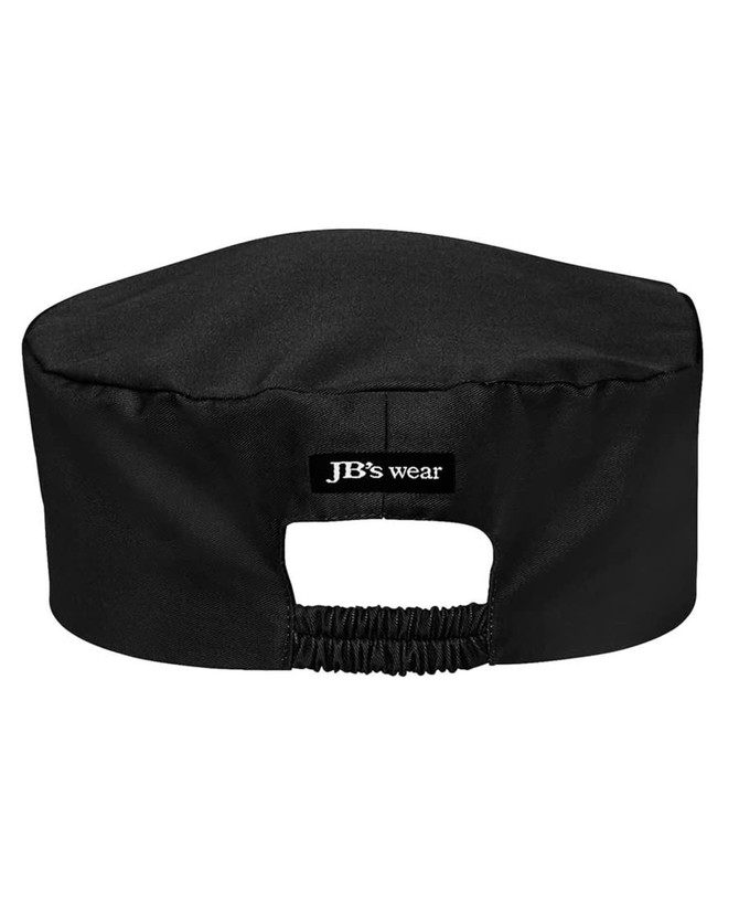A black chef's cap featuring an elastic band at the back and a brand logo.