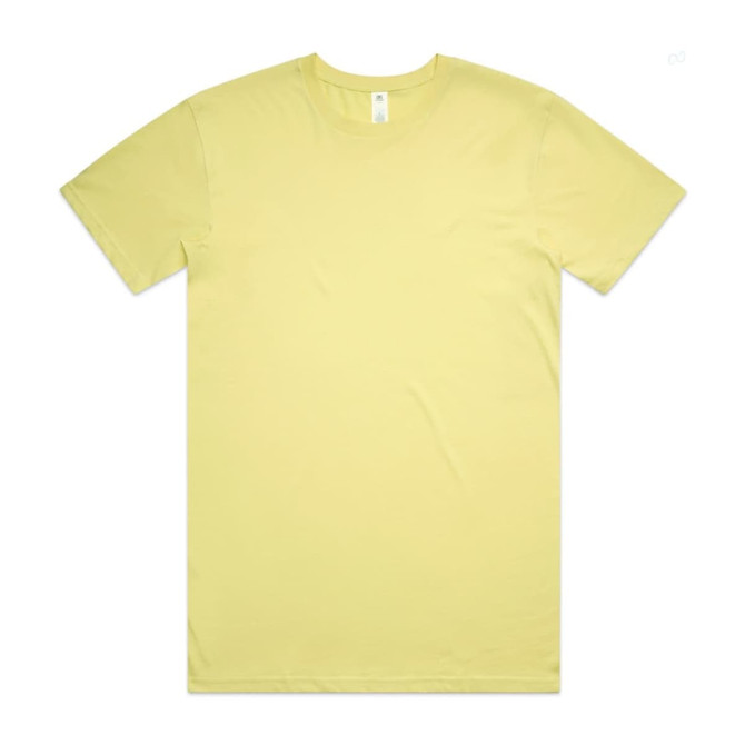 A plain yellow T-shirt with a round neckline and short sleeves, featuring a logo on the label.