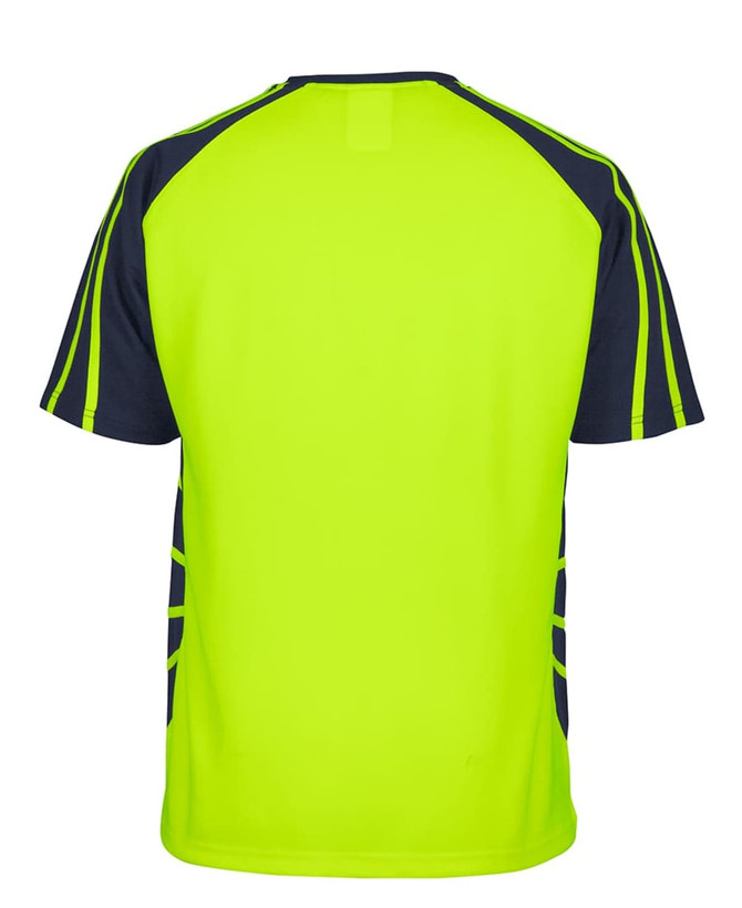 A work t-shirt in bright yellow with navy accents on the sleeves and sides, featuring a logo.