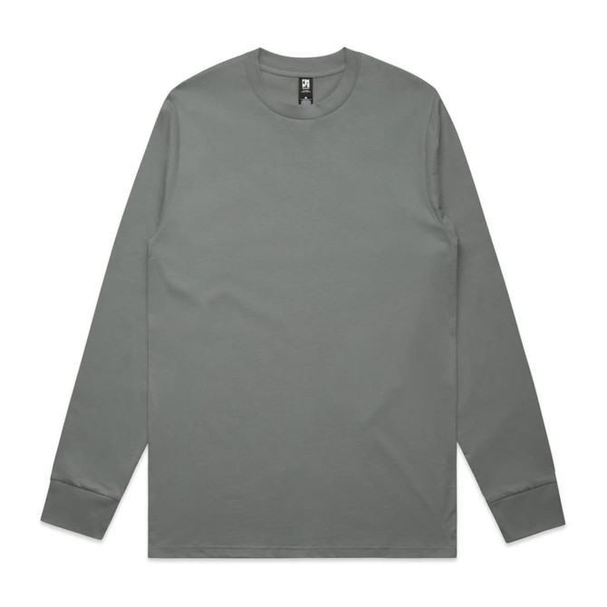 A long-sleeve grey T-shirt featuring a crew neck and a logo label. Simple and versatile design.