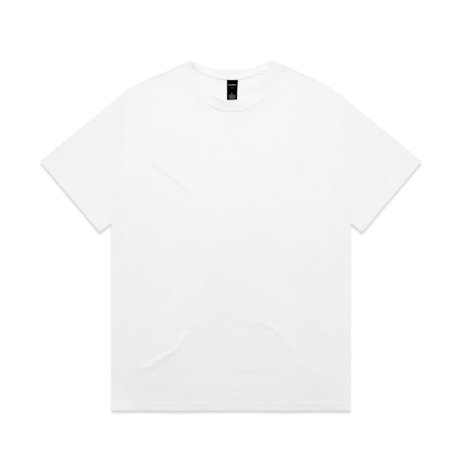 A plain white T-shirt with a crew neckline and short sleeves, featuring a label at the neck.