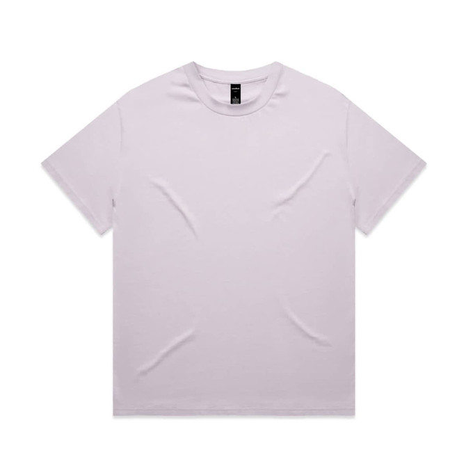 A lilac T-shirt displayed flat, featuring short sleeves and a tag inside the collar. The shirt has a logo on the tag.