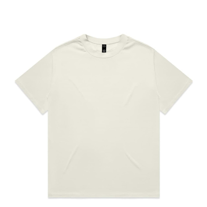 A plain white t-shirt with short sleeves, featuring a simple design and a brand logo on the label.