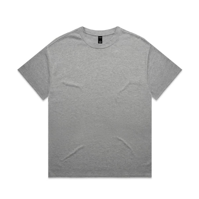 A plain grey t-shirt with short sleeves and a tag at the neckline. It features a simple design and has a logo.
