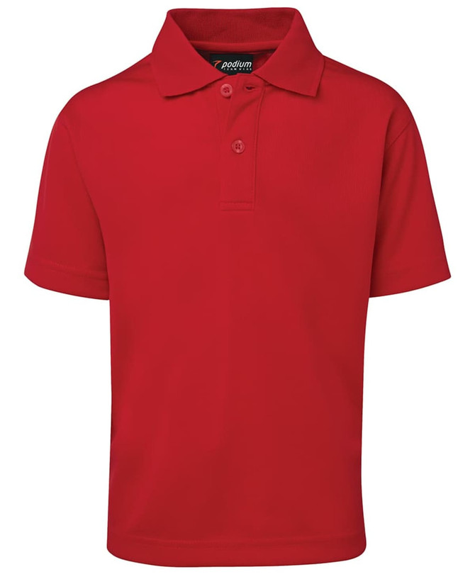 A red short-sleeve polo shirt with a collar and three buttons, featuring a logo on the label.