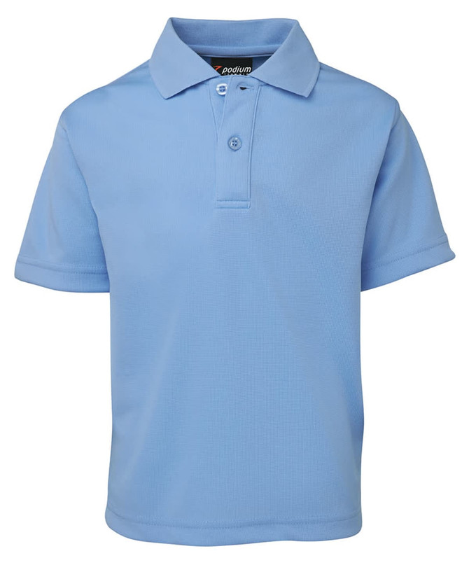 A light blue polo shirt with a collar, short sleeves, and a logo on the label.