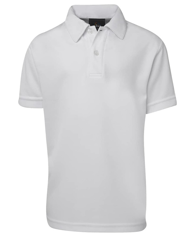 A white short-sleeved polo shirt featuring a collar and a logo.