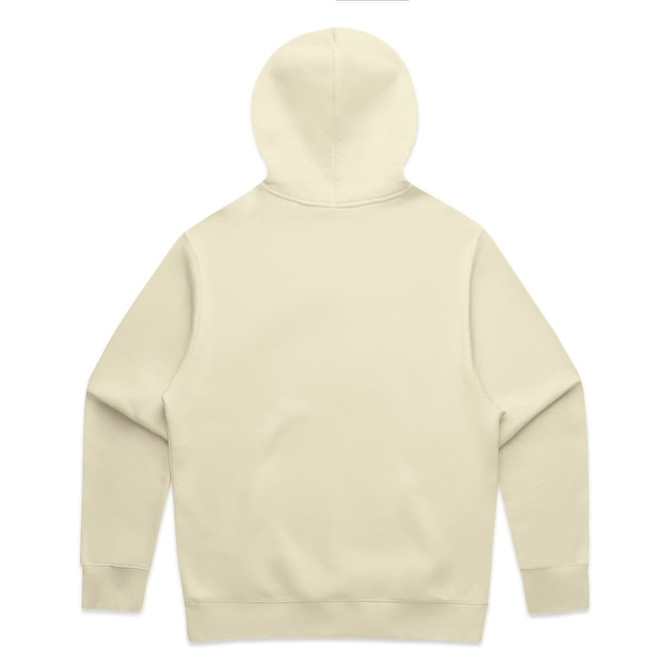 A beige hoodie with a large hood and long sleeves, featuring a plain back design and a small logo.