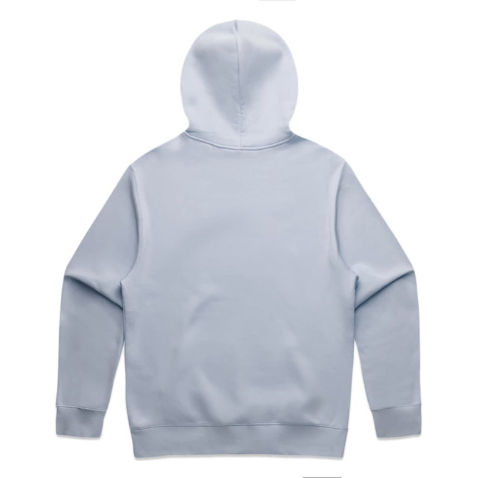 A light blue hoodie with a back view, featuring a hood and long sleeves. It has a logo on the back.