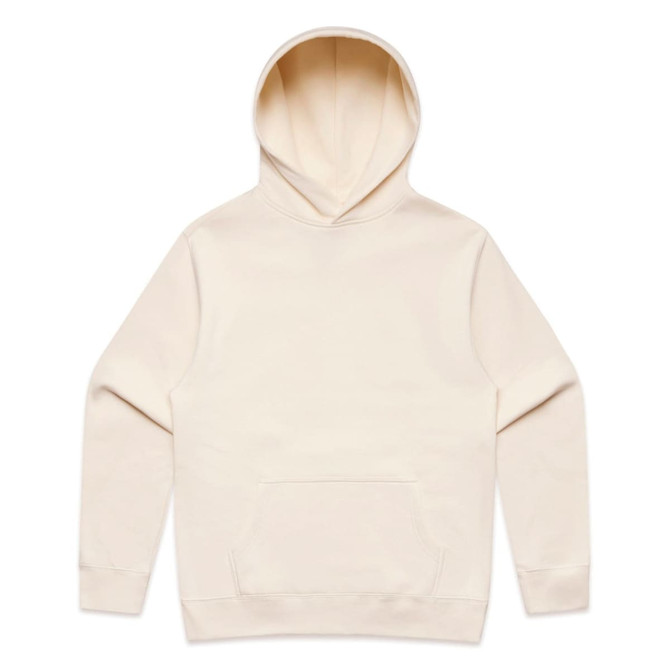 A cream-coloured hoodie featuring a front pocket and a hood. The hoodie includes a logo.