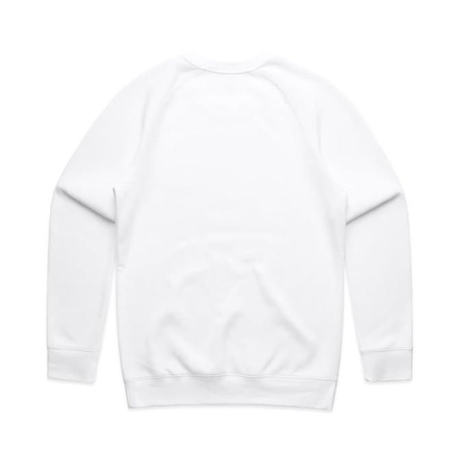 A white jumper with long sleeves and a rounded neckline, featuring a plain back and ribbed cuffs.
