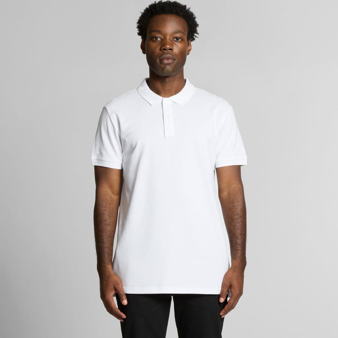 A white polo shirt with a collar and a logo, featuring a straight cut design.