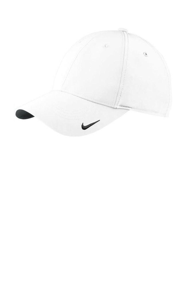 A white cap with a black logo, featuring a curved brim and ventilation holes.