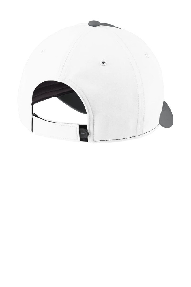 A white cap with a grey visor and an adjustable strap at the back, featuring a logo.
