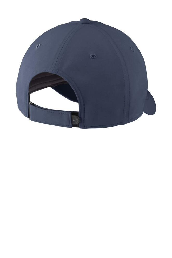 A navy blue cap featuring a back opening and an adjustable strap, with a logo present on the design.