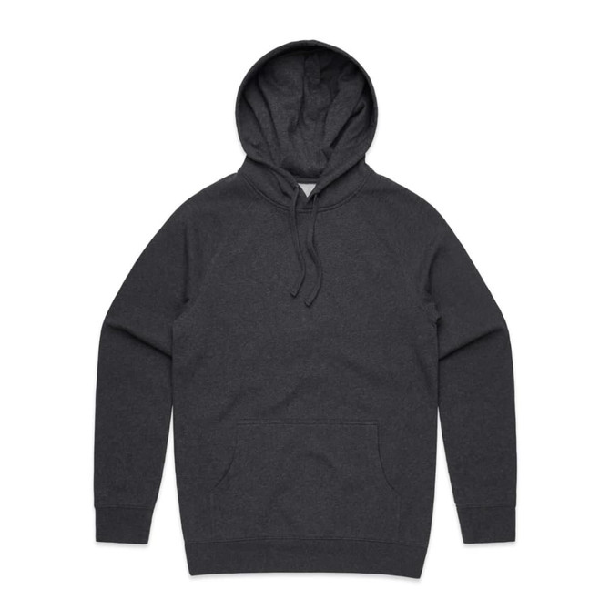 A charcoal grey hoodie featuring a front pocket and a hood, with a logo present.