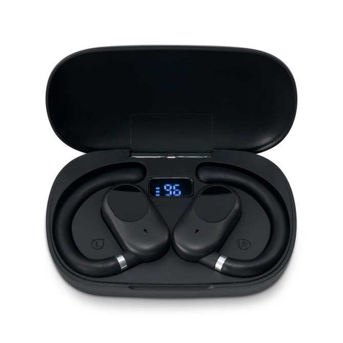 Black ear buds sitting in a charging case, featuring a digital display on the inside of the lid.
