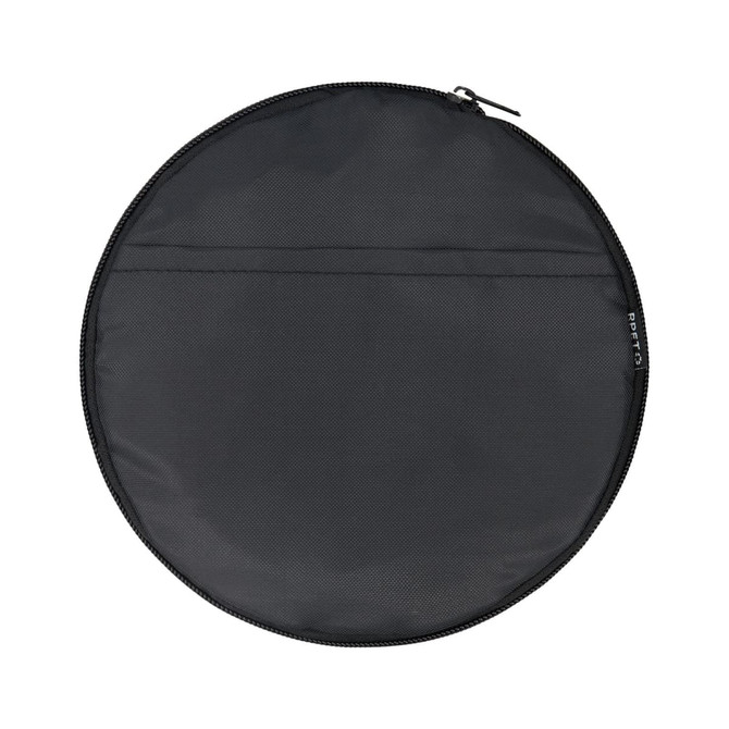 A round black duffle bag with a zip closure and a flat pocket on one side. It features a logo.