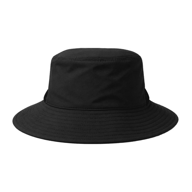 A black recycled surf hat with a wide brim and rounded crown, featuring a logo on one side.