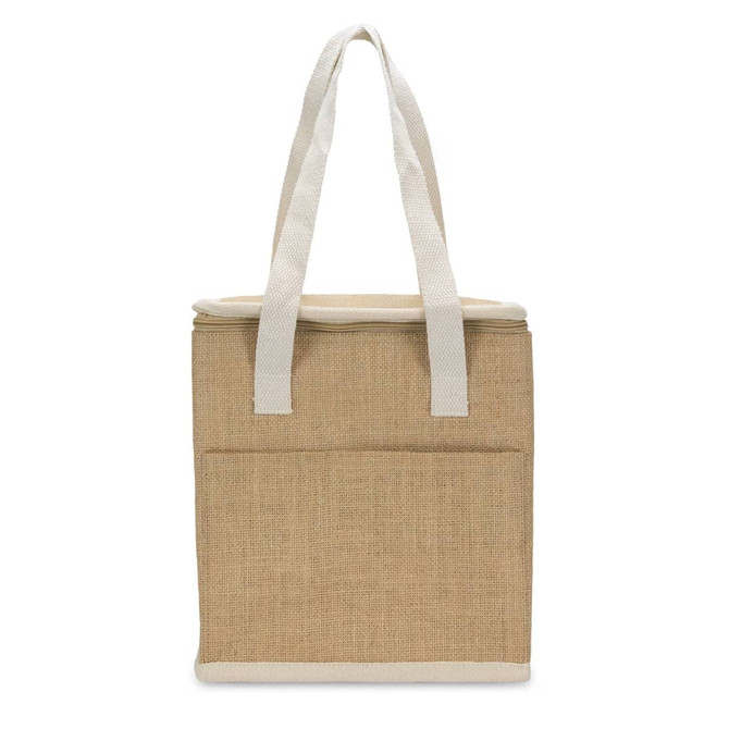 A tan cooler bag with white handles and a front pocket, featuring a logo on the side.