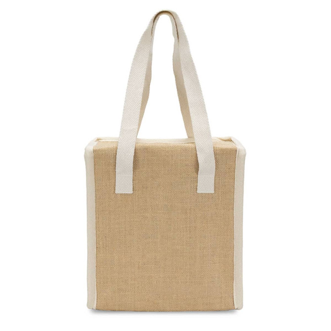 A beige cooler bag with white handles, featuring a simple, textured design and a logo.