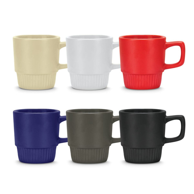 A set of stackable coffee mugs in beige, white, red, navy, grey, and black, each with a textured base and logo.