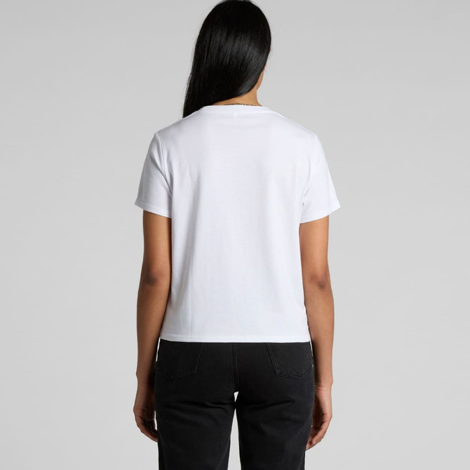 A white women's t-shirt with a cropped design, featuring a logo on the back.