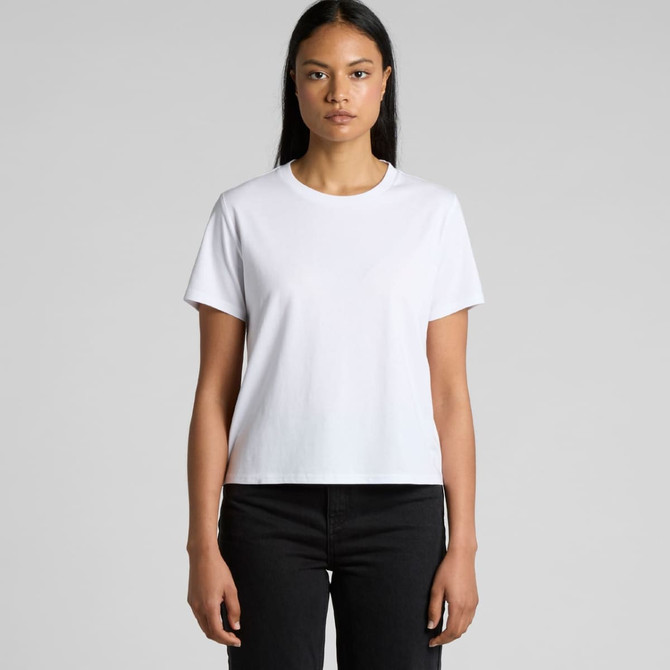 A white T-shirt with a classic fit, featuring short sleeves and a round neckline. It includes a logo.