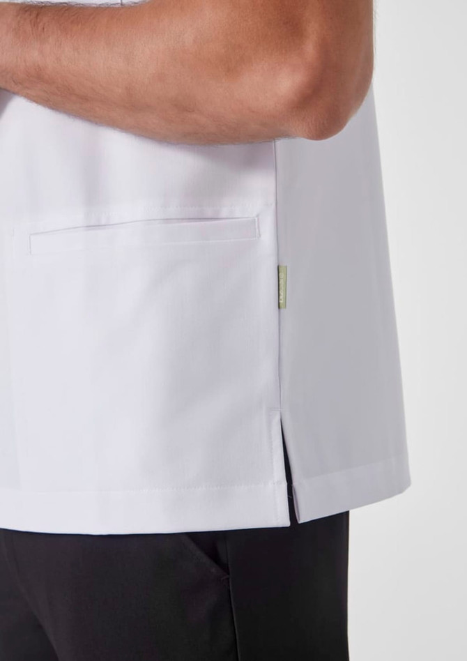 A white men's jacket with a side slit and a pocket, featuring a logo on the side.