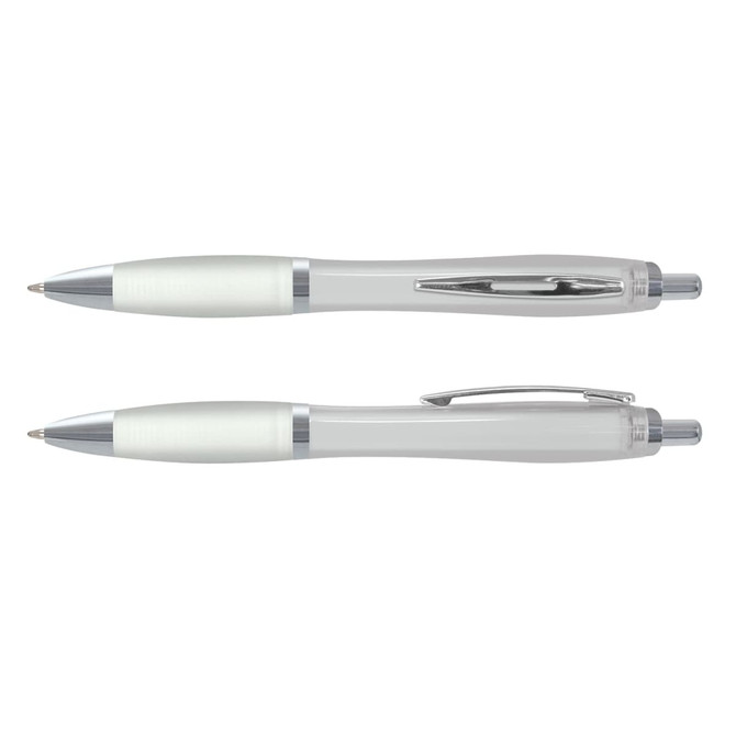 A plastic pen featuring a translucent design with a silver accent and a comfortable grip.