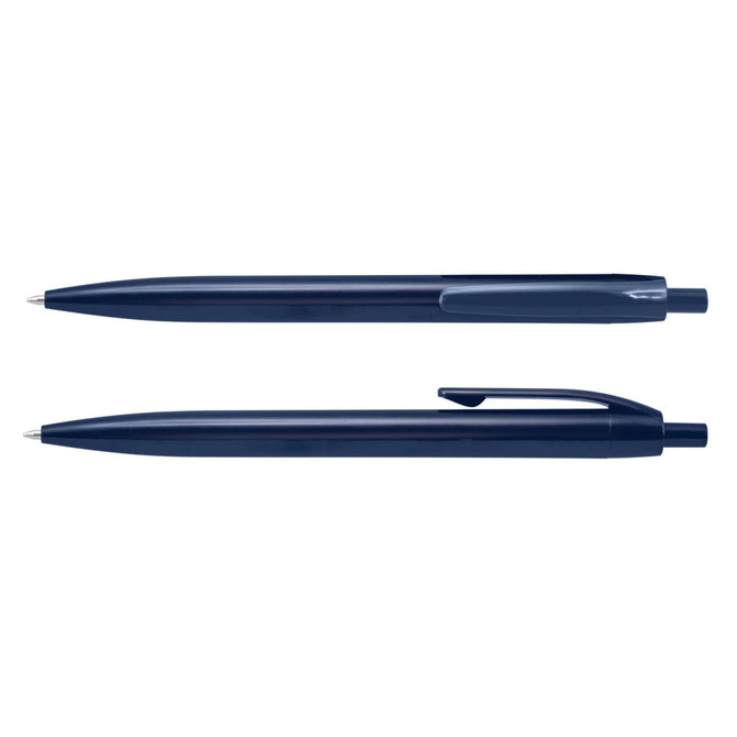 Two navy blue plastic pens are displayed, one with a cap and one without, featuring a logo.