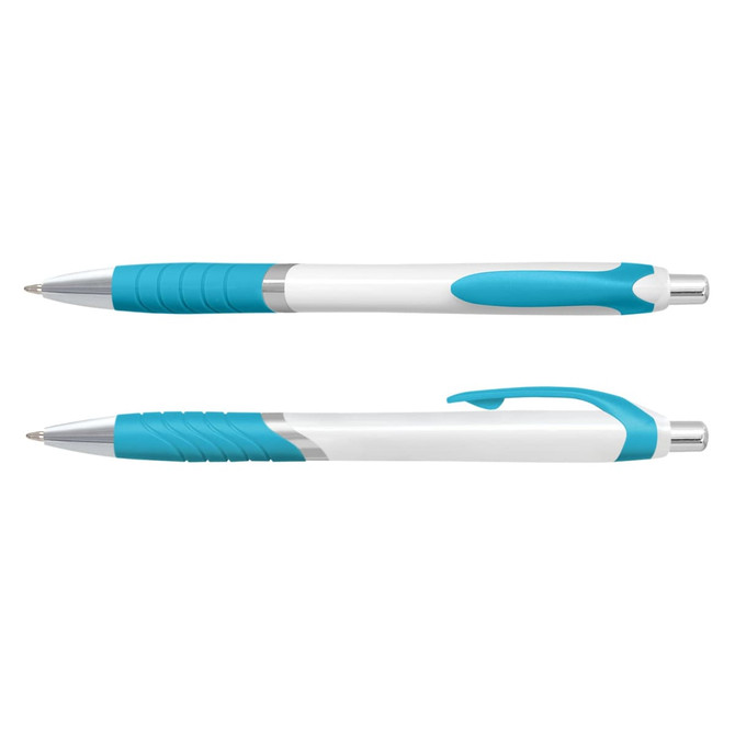 A plastic pen with a white barrel and turquoise accents, featuring a gripped section and clip.