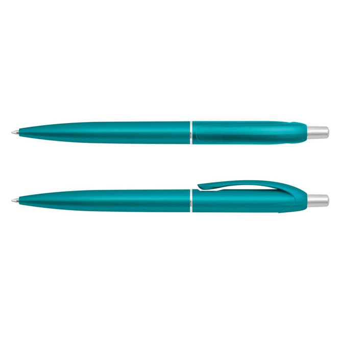 A teal plastic pen featuring a sleek design with a silver clip and tip, accompanied by a matching pen without a clip.