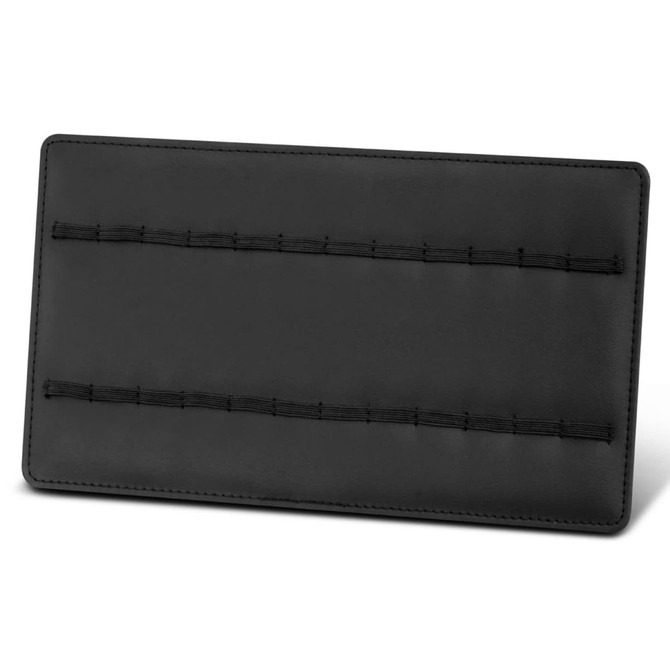 A black pop-up display stand featuring multiple elastic holders for pens. Contains a branding logo.