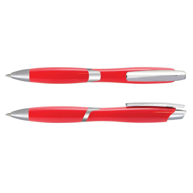 A red plastic pen with silver accents, featuring a sleek design and a clip for attachment.