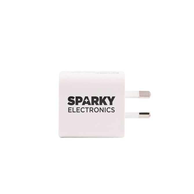A white USB wall charger featuring two prongs and a logo for Sparky Electronics.