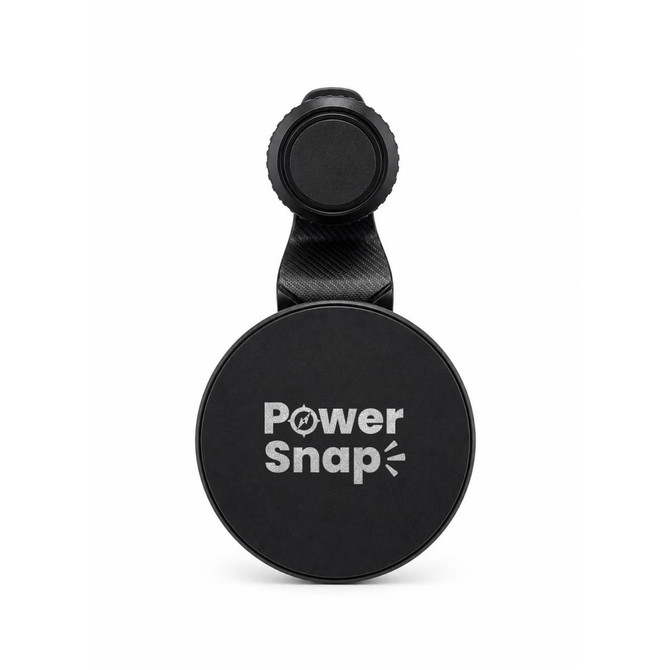 A black circular car phone holder with a textured strap and a branding logo.