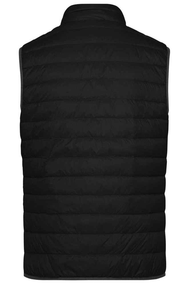 A black men's down vest with a quilted design, featuring a collar and no visible branding.