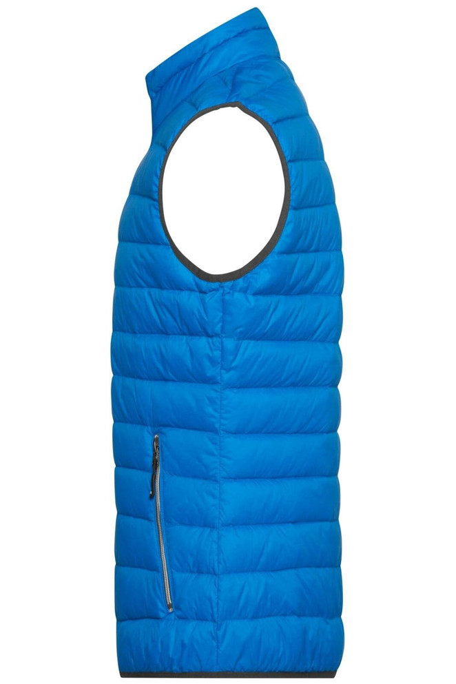 A blue down vest with a sleeveless design, featuring a zippered pocket on the side and a logo.