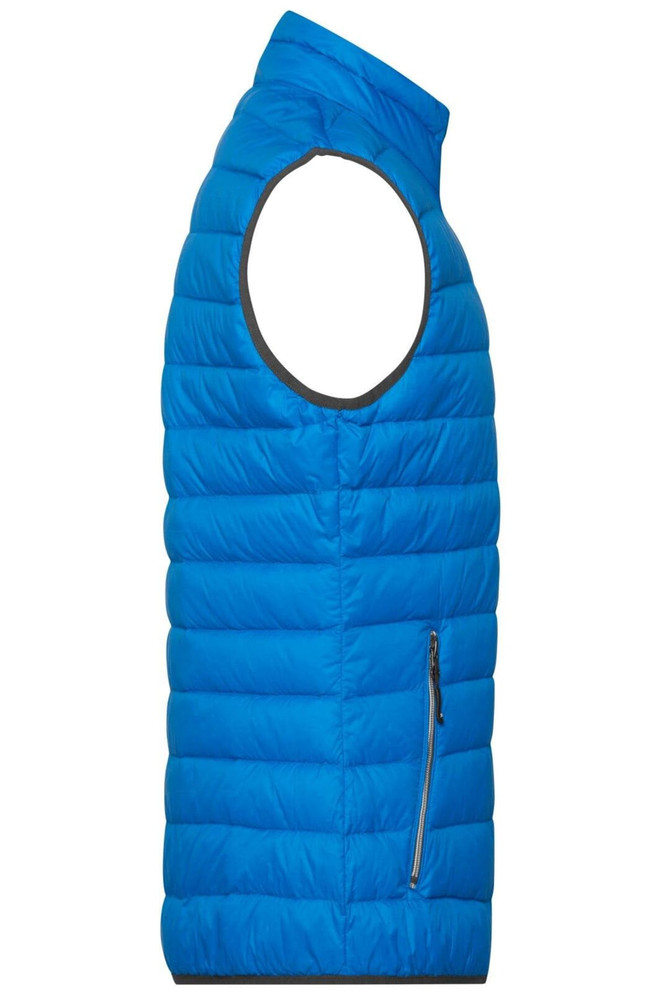A blue men's down vest with a high collar and one zippered pocket on the side. It features a logo on the front.