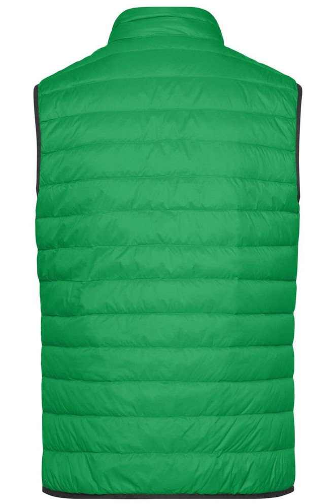 A green men's down vest with a quilted design and black trim, featuring a high collar and no sleeves.