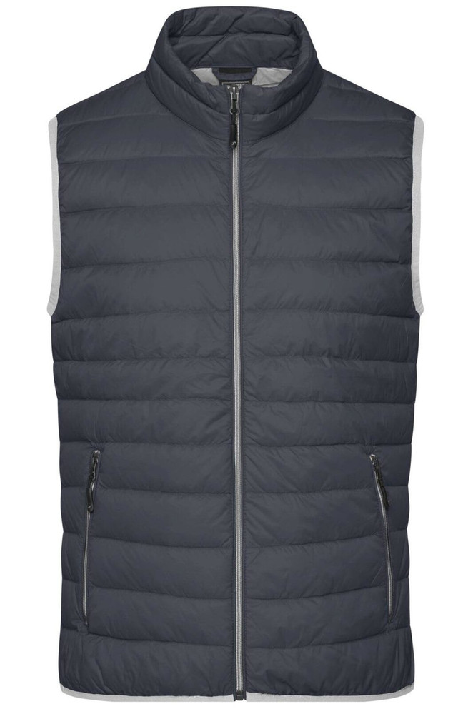 A men's down vest in dark grey with a zip front and two side pockets. Features a logo on the upper left side.