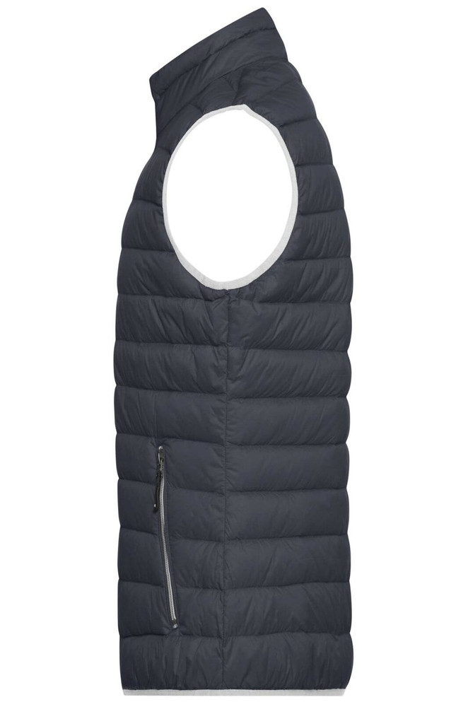 A men's down vest in dark grey, featuring a side zip pocket and a puffy design. It has a logo on the fabric.