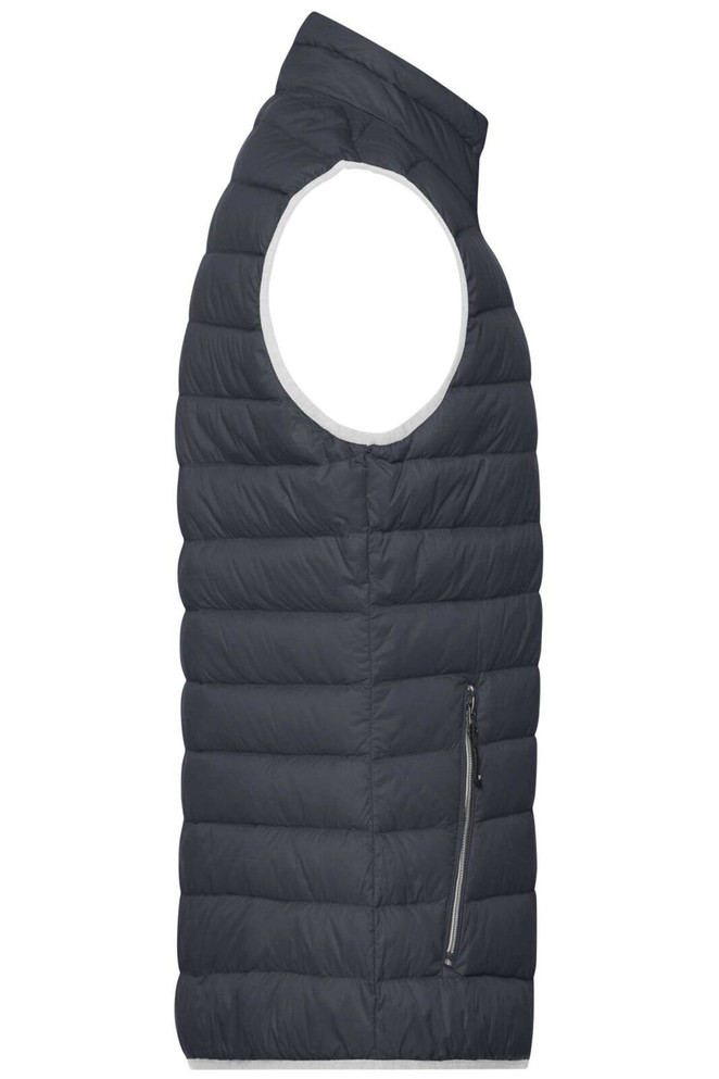 A dark grey men's down vest, featuring a sleeveless design and a side zip pocket, also includes a logo.